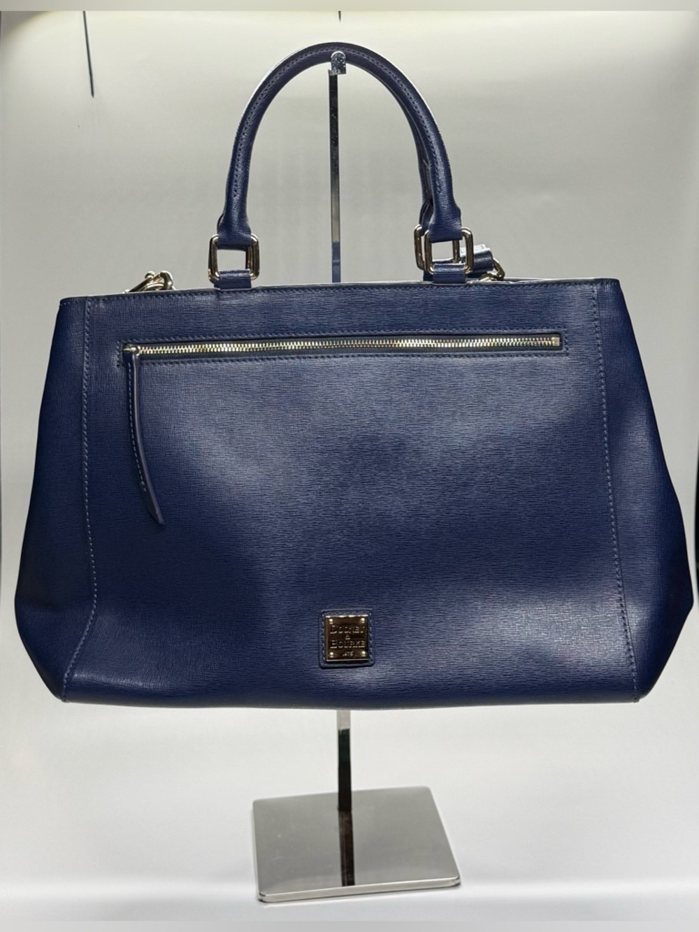 Dooney & Bourke Navy Blue Satchel Top Handle Bag Gold Hardware Zip Pockets